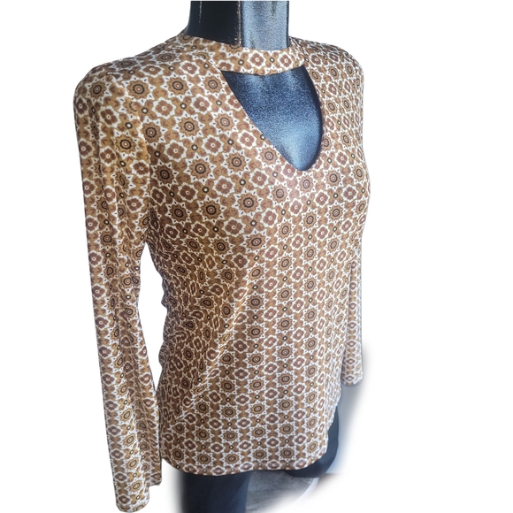San Francisco Brown Patterned Long Sleeve Top M - Picture 2 of 6